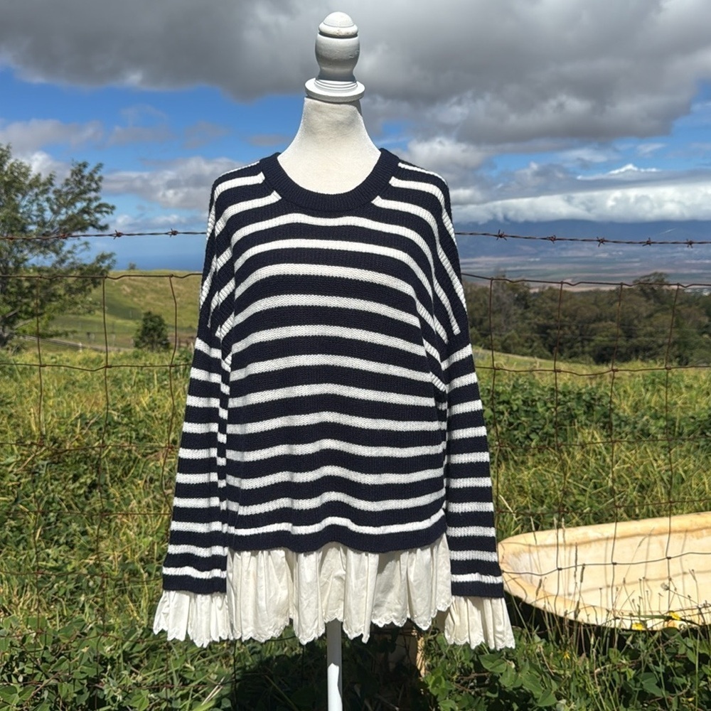 Boden Navy White Catherine Woven Fluffy Sweater Striped Ruffle Preppy Broderie